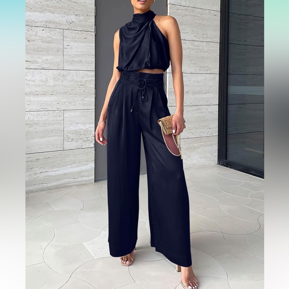 NWT Navy Satin 2 Piece Outfit Pants w/ Asymmetric Top Sz M